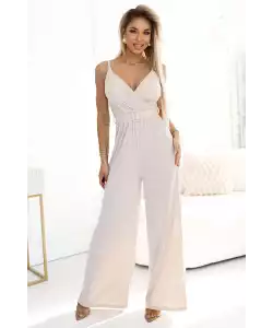 Elegáns jumpsuit széles szárral és övvel - bézs